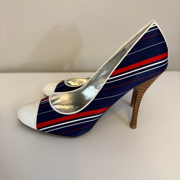 Dune Pump Heel Womens 8.5 Blue Striped Stiletto Slip On Retro Nautical Preppy - Picture 5 of 8